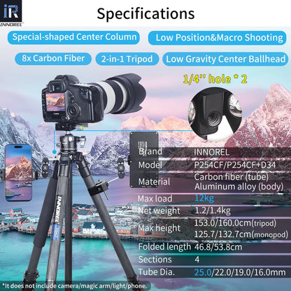 INNOREL P254CF Camera Carbon Fiber Professional Compact Tripod With Special-Shaped Center Column Load 12kg For Travel Shooting
