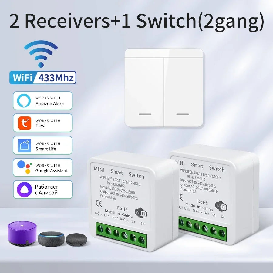 16A Tuya WiFi Smart Switch Wireless RF 433MHz Mini Relay Receiver 1/2/3 Gang Wall Panel Switch Alexa Google Home Voice Control