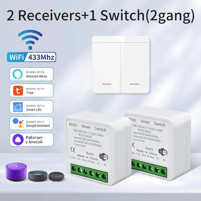 16A Tuya WiFi Smart Switch Wireless RF 433MHz Mini Relay Receiver 1/2/3 Gang Wall Panel Switch Alexa Google Home Voice Control