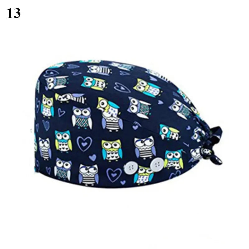 Floral Soft Hat Printing Nurse Sweat-absorbent Head Wrap Towel Surgical Anti-Dirty Pure Cotton Cap With Button Scrub Cap