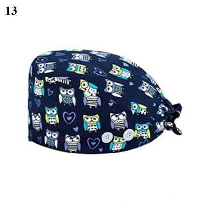 Floral Soft Hat Printing Nurse Sweat-absorbent Head Wrap Towel Surgical Anti-Dirty Pure Cotton Cap With Button Scrub Cap