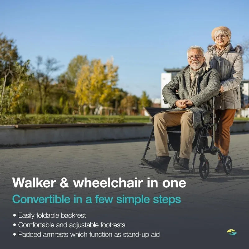 home.2 in 1 Walker Wheelchair Combo - Foldable Aluminum Rollator with Footrests - Convertible to a Transport Chair - Maximum Mob