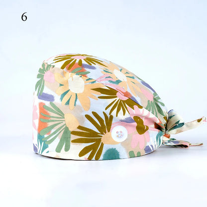 Floral Soft Hat Printing Nurse Sweat-absorbent Head Wrap Towel Surgical Anti-Dirty Pure Cotton Cap With Button Scrub Cap