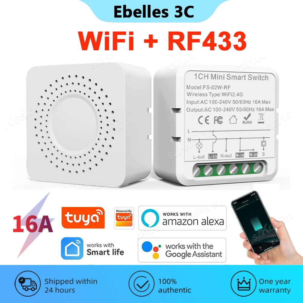 RF433 + WiFi Smart Switch 2in1 Function Tuya 16A Mini Light Switch Relay Smart Life APP Wireless Control Voice for Alexa Google