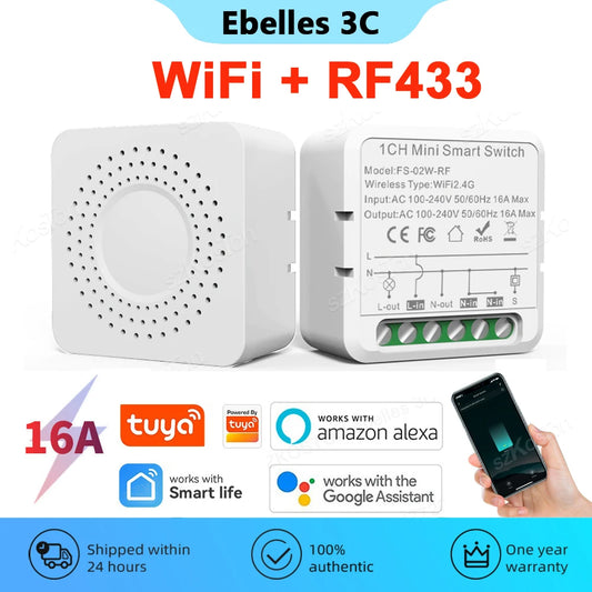 RF433 + WiFi Smart Switch 2in1 Function Tuya 16A Mini Light Switch Relay Smart Life APP Wireless Control Voice for Alexa Google