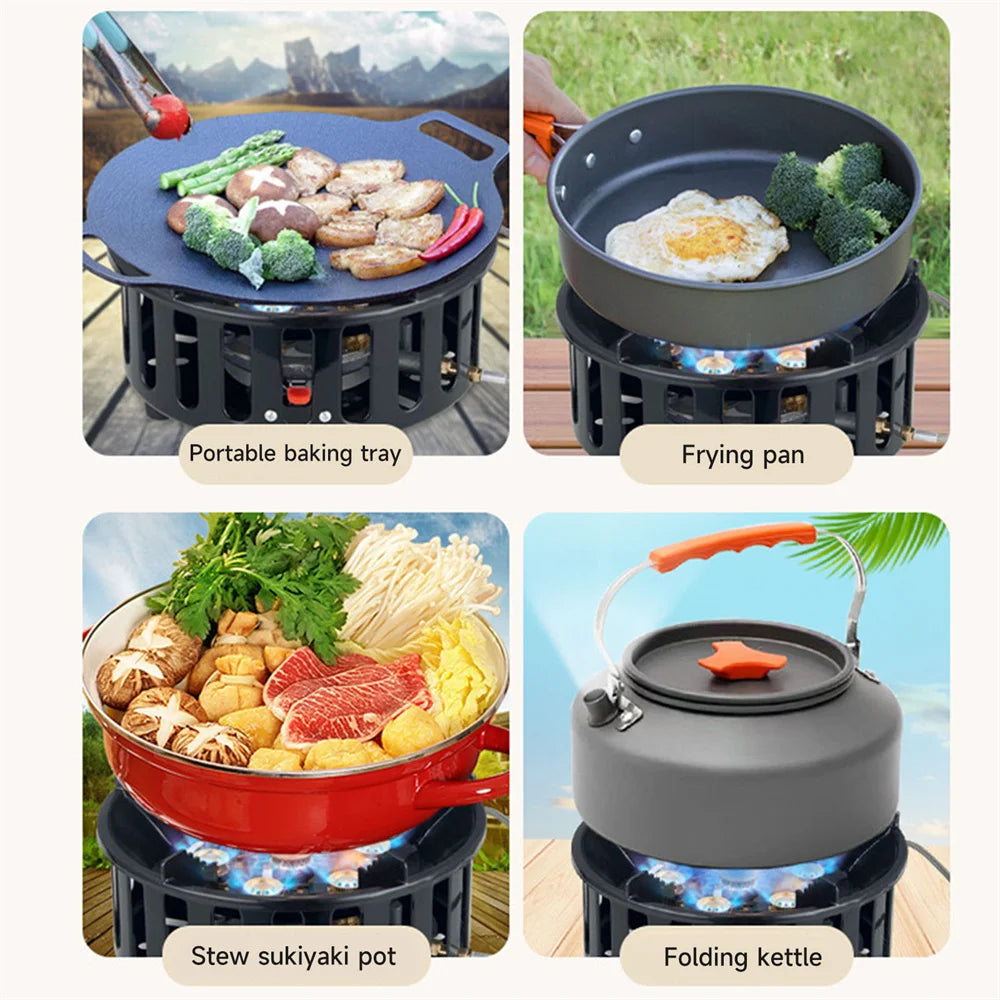 7-Core Camping Stove High-Power Strong Fire Portable Tourist Gas Burner Windproof Electronic Ignition Camping Equipment