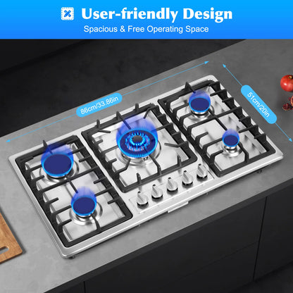 Built-in Gas Cooktop with 5 Burners Electronic Pulse Ignition Built-in Stainless Steel Gas Hob for Kitchen