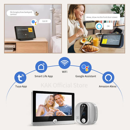 KAK Wifi Smart Door Bell Camera 4.3" Video Door Peephole Door Viewer 170 Degree Motion Detection Tuya APP Alexa Google Assistant
