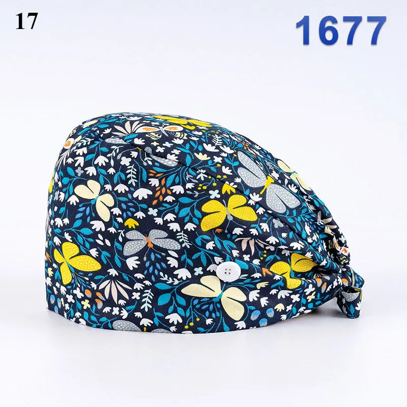 Floral Soft Hat Printing Nurse Sweat-absorbent Head Wrap Towel Surgical Anti-Dirty Pure Cotton Cap With Button Scrub Cap