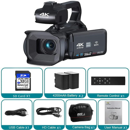 4K Video Camera 64MP Camcorder For Youtube Live Stream Rotate 4.0" Touch Screen Digital Vlog Recorder 18X WIFI Auto Focus Webcam
