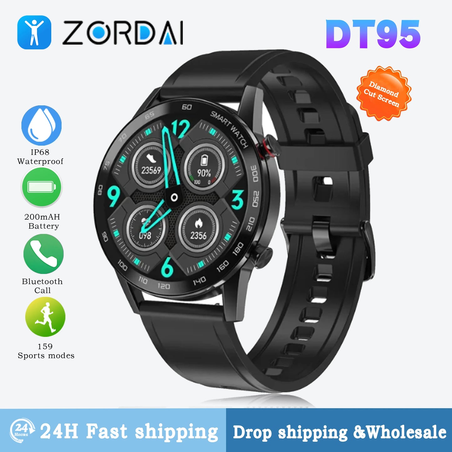 Zordai DT95 Smart Watch Men 1.3"HD Full Touch Heart Rate GPS Sport Fitness Watch Waterproof IP68 For Xiaomi Huawei Watch GT3 Pro
