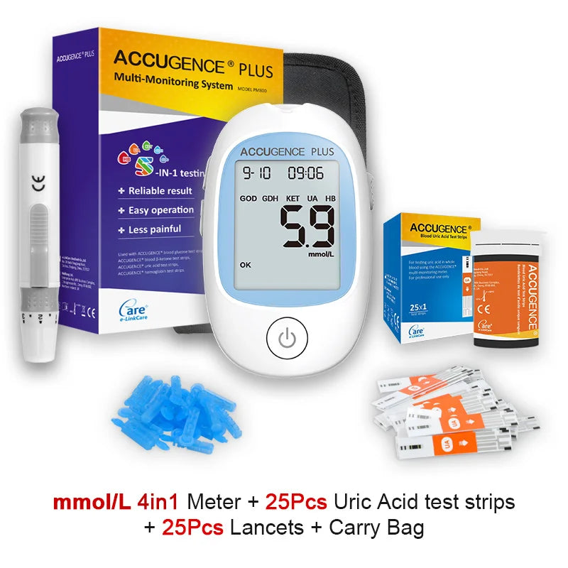 4 in 1 Multifunction Monitor Hemoglobin Blood Ketone Glucose Uric Acid Meter Test Strip HB Anemia Test Blood Sugar Diabetes Gout