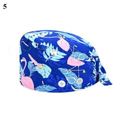 Floral Soft Hat Printing Nurse Sweat-absorbent Head Wrap Towel Surgical Anti-Dirty Pure Cotton Cap With Button Scrub Cap