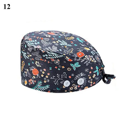 Floral Soft Hat Printing Nurse Sweat-absorbent Head Wrap Towel Surgical Anti-Dirty Pure Cotton Cap With Button Scrub Cap