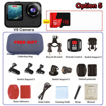 4K60FPS 20MP Action Camera 5M Body Waterproof EIS DVR 170D Sports Video Recording Dual Display 2" Touch Screen 1080P Webcam