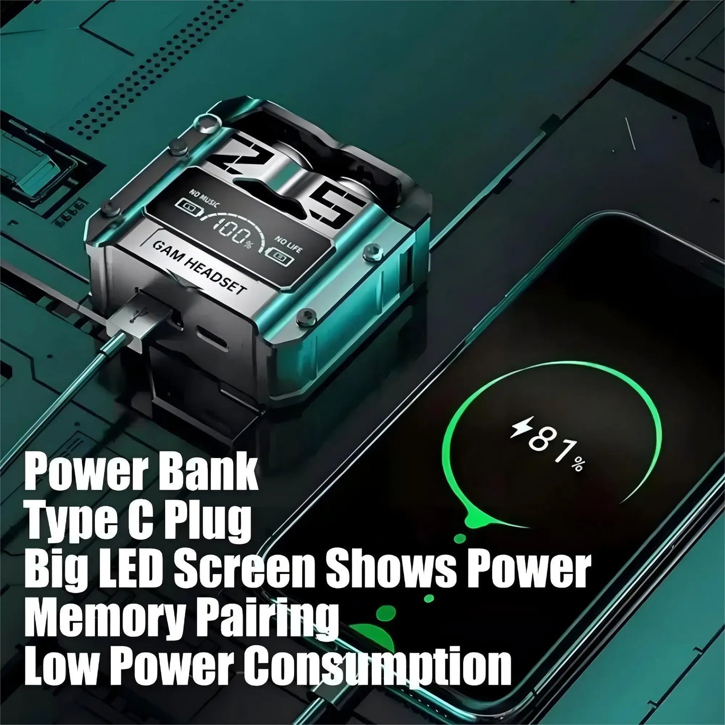 Bluetooth 5.3 Earphones Gaming Headsets TWS Wireless Headphones LED HiFi Stereo Sports Noise Reduction Touch Control Earbuds