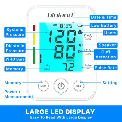 bioland 2008 Blood Pressure Monitor Tensiometer Upper Arm Automatic Digital BP Machine Heart Rate Monitor Backlight Blood Press