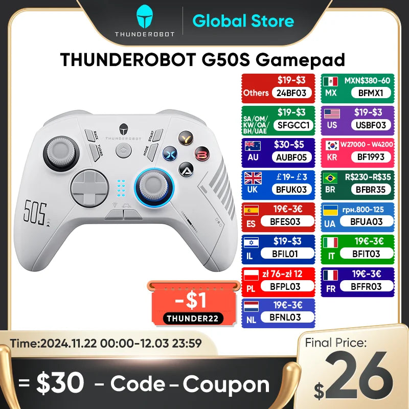 THUNDEROBOT G50S Wireless Gamepad 1000Hz Return Rate Three Mode Gaming Controller with Hall Trigger for PC/Nintendo Switch/Phone