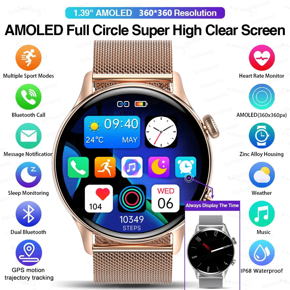 2024 New Smartwatch Women AMOLED HD Screen Always On Display Bluetooth Call IP68 Waterproof GPS Smart Men Watch For Android ios