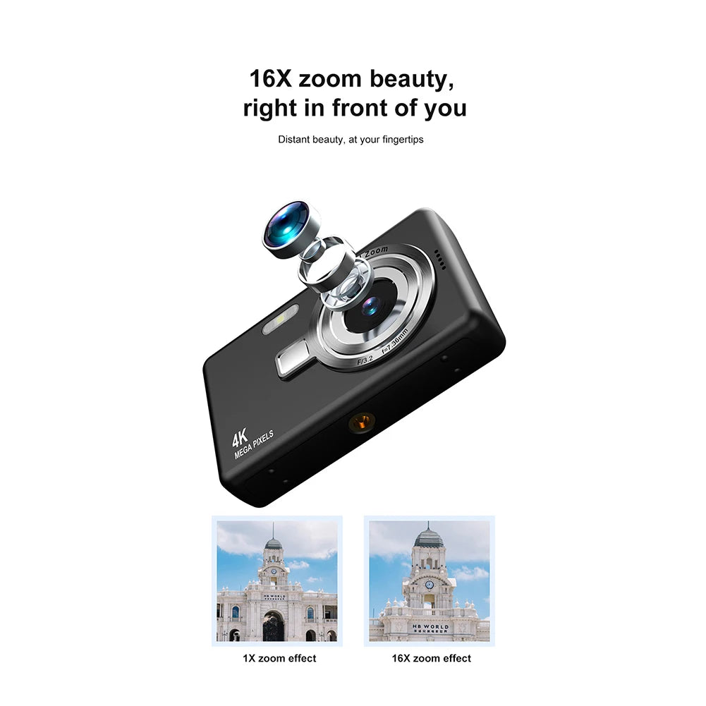 4K Digital Camera For Photo & Video 2.4" IPS Display Screen 16x Optical Zoom 1080P HD Camera For Home