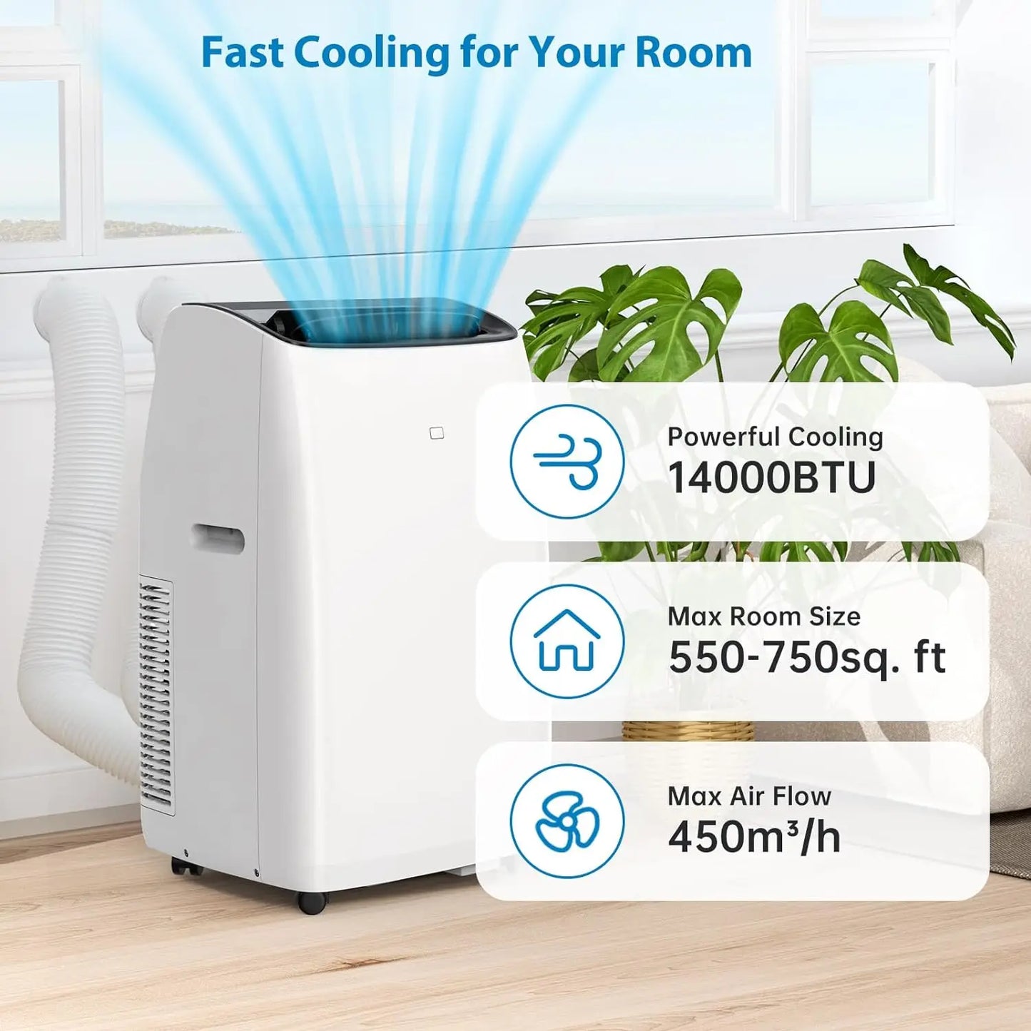 14000 BTU Portable Air Conditioner and Heater,Smart Inverter AC Units with Remote,Dehumidifier,Rooms Up to 750 Sq. Ft,42dB