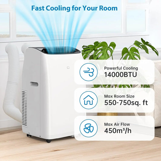 14000 BTU Portable Air Conditioner and Heater,Smart Inverter AC Units with Remote,Dehumidifier,Rooms Up to 750 Sq. Ft,42dB