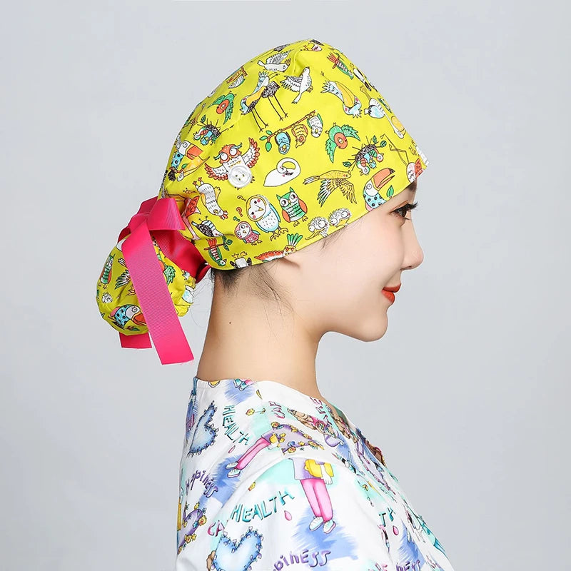 Printed Surgical Cap Scrub Cotton With Button Doctor Wrap Long Hair Adjustable Lace-up Women Beauty Care Hospital Accessories
