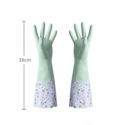 Latex Rubber Dish Washing Gloves Velvet Elastic Cuffs Housework Gloves Long Sleeve Waterproof Winter Cleaning Gloves Kitchen