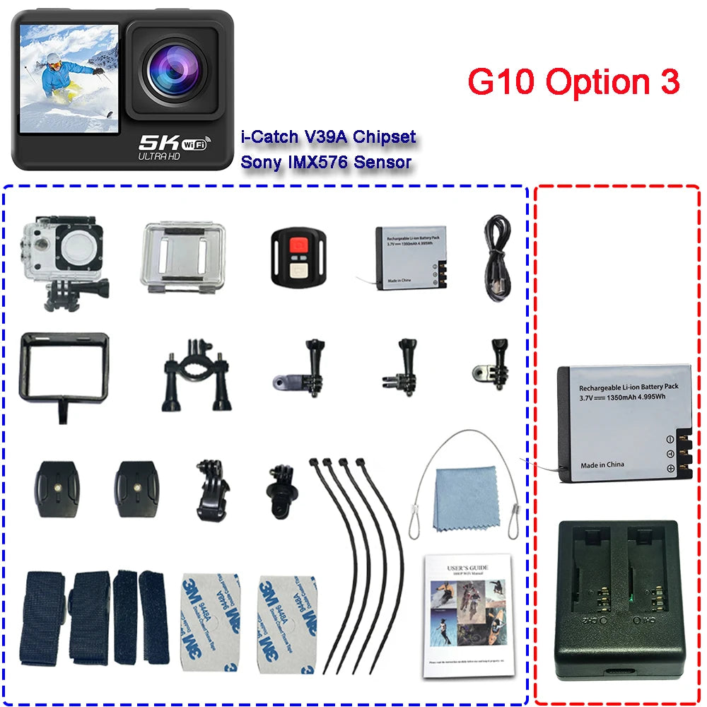 Action Camera 5K 4K60FPS EIS 48MP Wi-Fi Dual Screen 170D 8X Zoom Pre Record 30M Waterproof Sport Camera With Sony IMX576 Lens