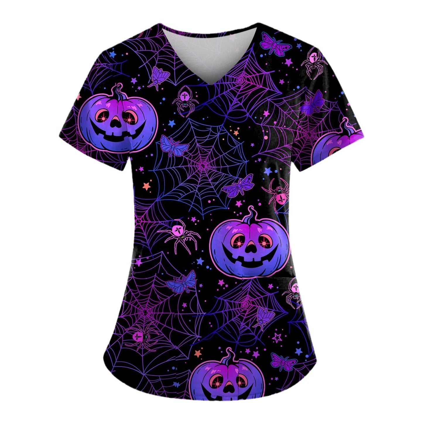 Women's medical gown Halloween pumpkin Christmas reindeer V-neck clinical gown short sleeved patch top women's surgical nurse