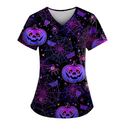 Women's medical gown Halloween pumpkin Christmas reindeer V-neck clinical gown short sleeved patch top women's surgical nurse