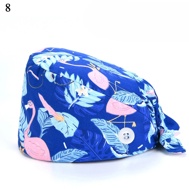 Floral Soft Hat Printing Nurse Sweat-absorbent Head Wrap Towel Surgical Anti-Dirty Pure Cotton Cap With Button Scrub Cap