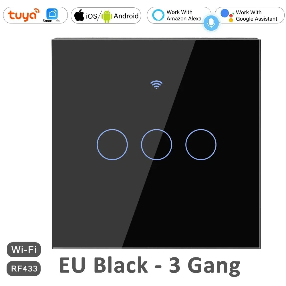 1 2 3 4 Gang 2 3 Way WiFi RF 433mhz Smart Wireless Touch Wall Light with Switch Button 220V with no Neutral EU Tuya Alexa Google