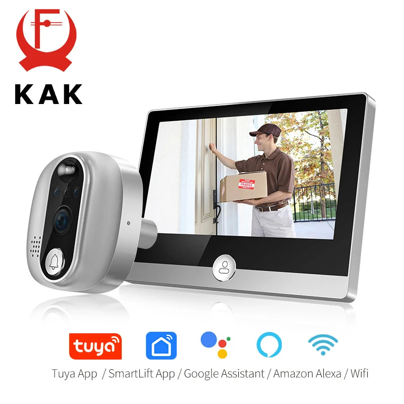 KAK Wifi Smart Door Bell Camera 4.3" Video Door Peephole Door Viewer 170 Degree Motion Detection Tuya APP Alexa Google Assistant