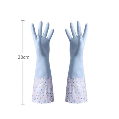 Latex Rubber Dish Washing Gloves Velvet Elastic Cuffs Housework Gloves Long Sleeve Waterproof Winter Cleaning Gloves Kitchen