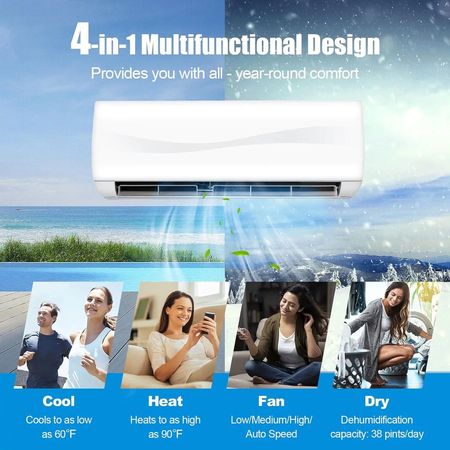 9000BTU Mini AC Split-System, 17 SEER2 Ductless Air Conditioner w/Pre-Charged Condenser, White (9000BTU, 220V, 17 SEER2)