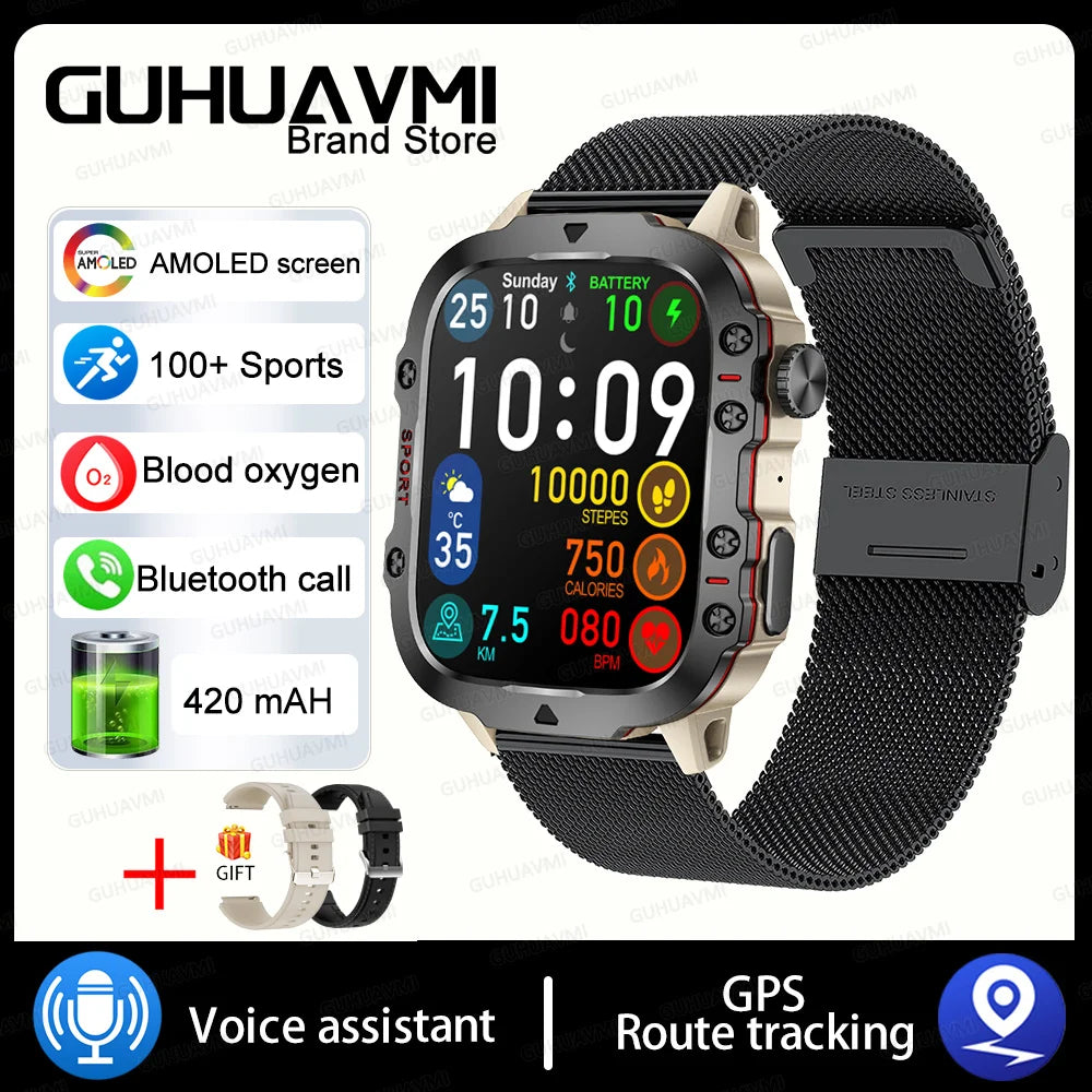 2024 New Rugged Military GPS Smart Watch Men AMOLED HD Screen Heart Rate Bluetooth Call Waterproof Outdoor SmartWatch For Xiaomi