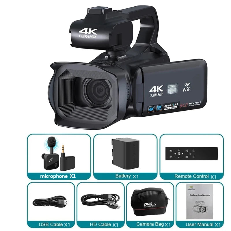 4K 60FPS Camcorder Professional Digital Video Camera 4K HD YouTube Streaming Camera 64MP 18X Zoom 4" Touch Screen Vlog Recorder