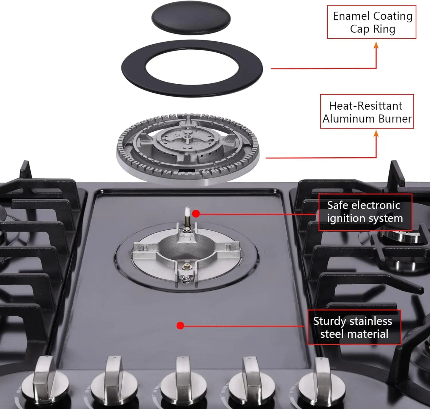 30 Inch Gas Cooktop Built-in Stainless Steel Gas Stovetop 5 High Efficiency Burners Gas Stove LPG/NG Convertible Hob (Black)