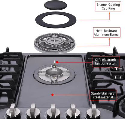30 Inch Gas Cooktop Built-in Stainless Steel Gas Stovetop 5 High Efficiency Burners Gas Stove LPG/NG Convertible Hob (Black)