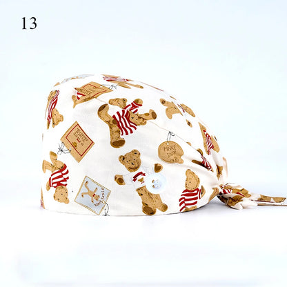Floral Soft Hat Printing Nurse Sweat-absorbent Head Wrap Towel Surgical Anti-Dirty Pure Cotton Cap With Button Scrub Cap