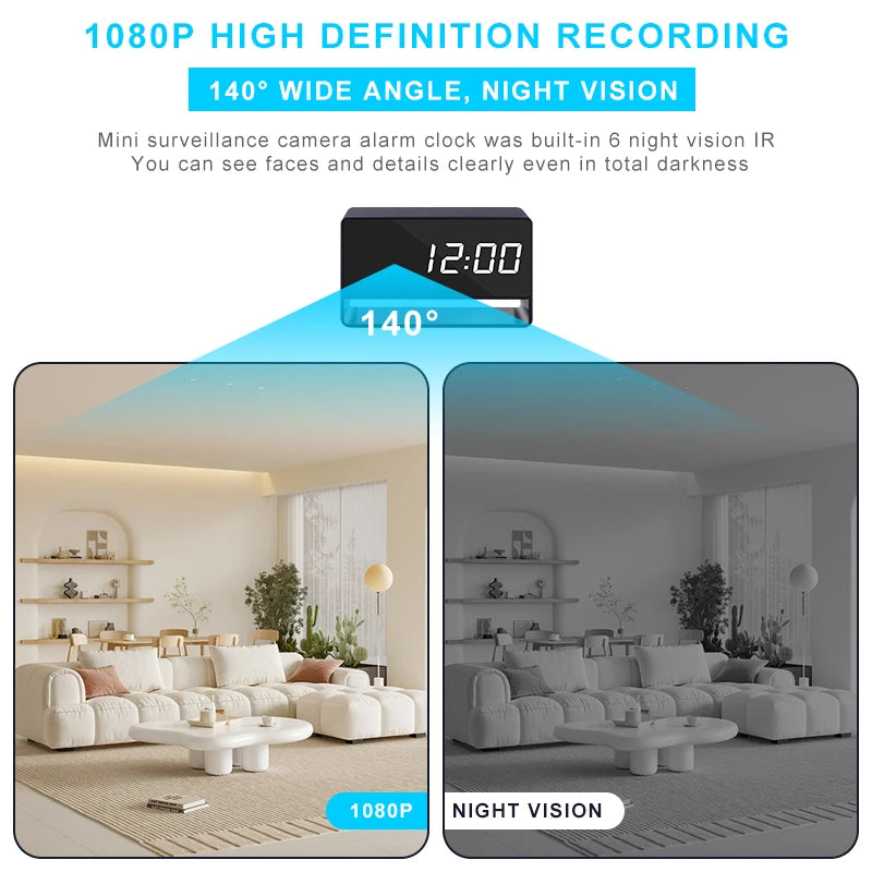 Alarm Clock Cam Full HD 1080P WiFi Wireless Remote Camera Night Vision Motion Detection Alert Surveillance Home Office Security