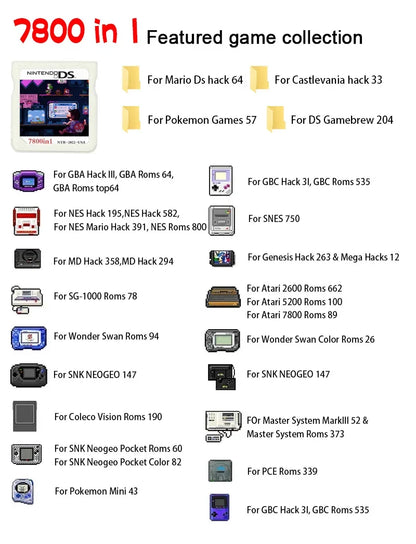 7800 in 1 Compilation DS NDS 3DS 3DS NDSL Game Cartridge Card Video Game Simulation GBA GBC FC MD Arcade GB