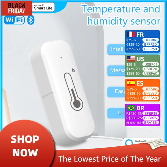Tuya Smart WiFi Bluetooth Temperature And Humidity Sensor Indoor Thermometer Hygrometer Monitoring Works With Alexa Google Home