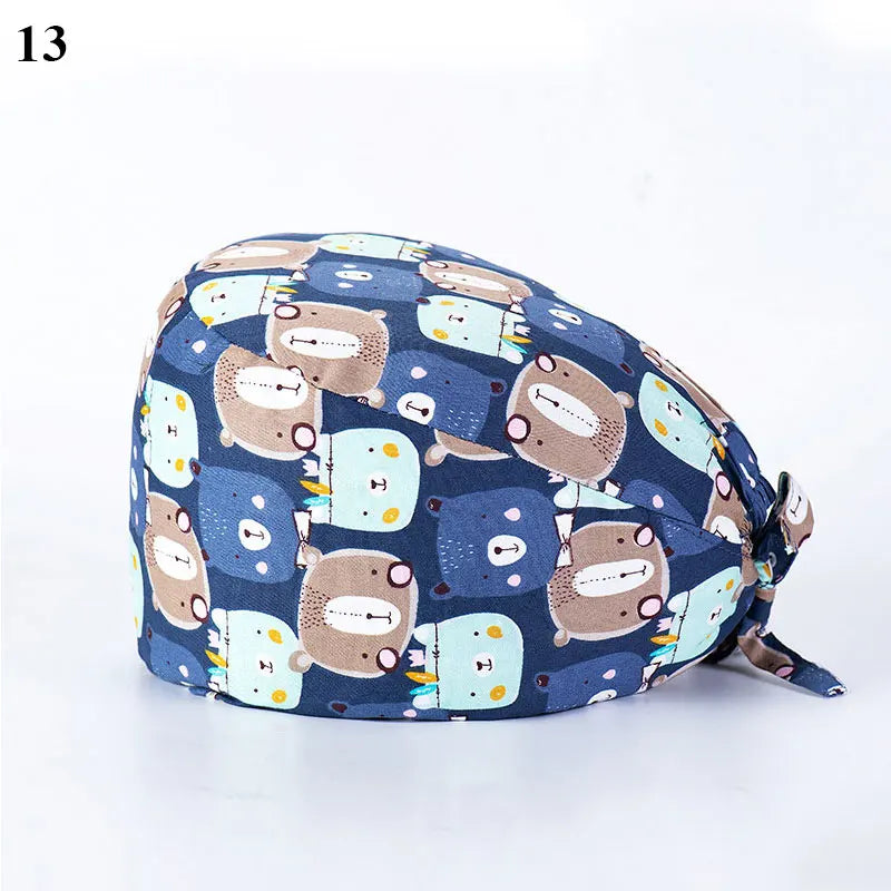 Floral Soft Hat Printing Nurse Sweat-absorbent Head Wrap Towel Surgical Anti-Dirty Pure Cotton Cap With Button Scrub Cap