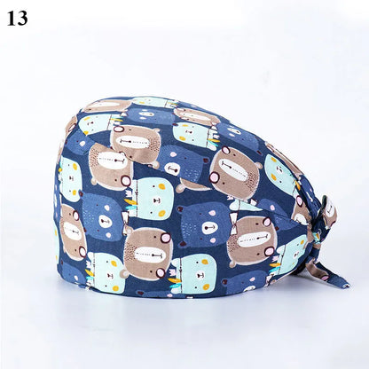 Floral Soft Hat Printing Nurse Sweat-absorbent Head Wrap Towel Surgical Anti-Dirty Pure Cotton Cap With Button Scrub Cap