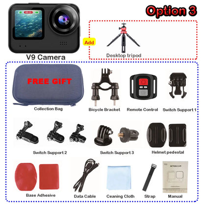 4K60FPS 20MP Action Camera 5M Body Waterproof EIS DVR 170D Sports Video Recording Dual Display 2" Touch Screen 1080P Webcam