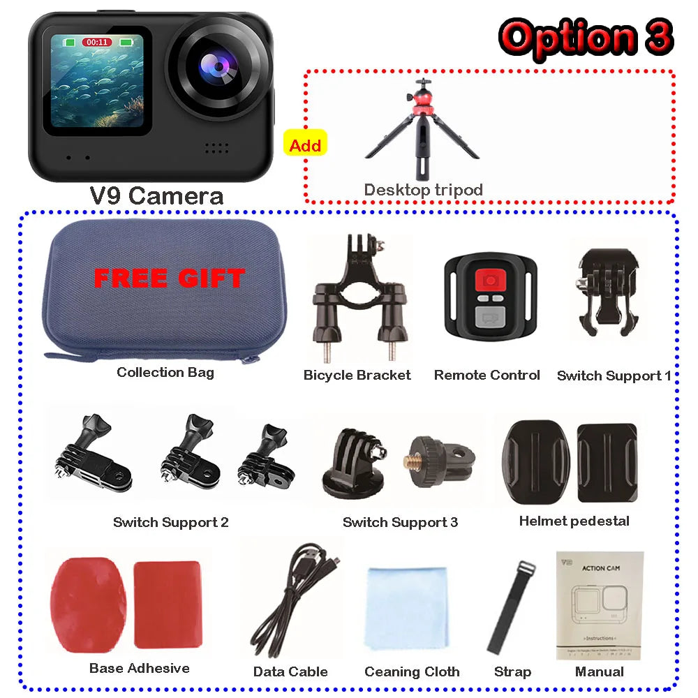 4K60FPS 20MP Action Camera 5M Body Waterproof EIS DVR 170D Sports Video Recording Dual Display 2" Touch Screen 1080P Webcam