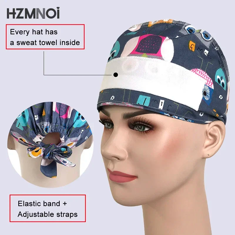 Cartoon Printed Women's Surgical Cap, 100% Pure Cotton Dental Cap, Beauty Salon Breathing and Cleaning Cap, Laboratory Work Cap