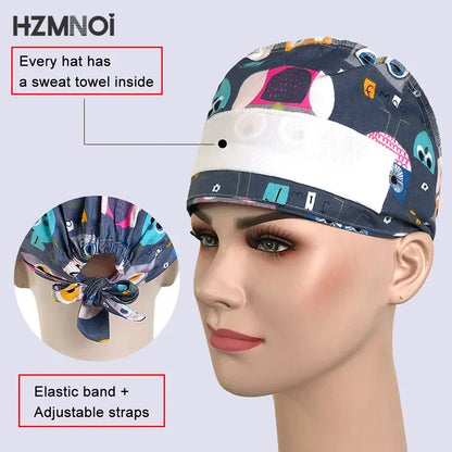 Cartoon Printed Women's Surgical Cap, 100% Pure Cotton Dental Cap, Beauty Salon Breathing and Cleaning Cap, Laboratory Work Cap